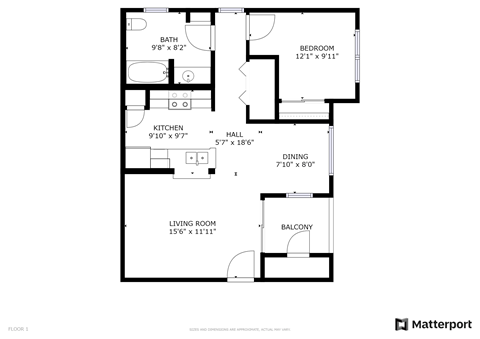 Floor plan for 1 bed, 1 bath, 705 sqft